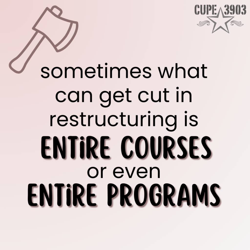 A pale gradient graphic, with the CUPE 3903 logo and an image of an axe. The text reads: Sometimes what can get cut in restructuring is entire courses or even entire programs.