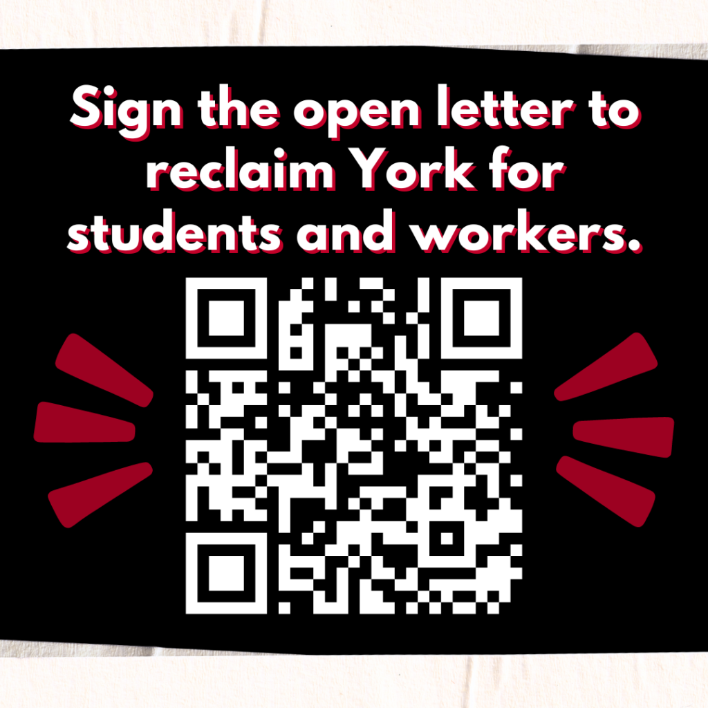 A black graphic with tape-like borders and a QR code with red accent lines. The graphic text reads: Sign the open letter to reclaim York for students and workers.