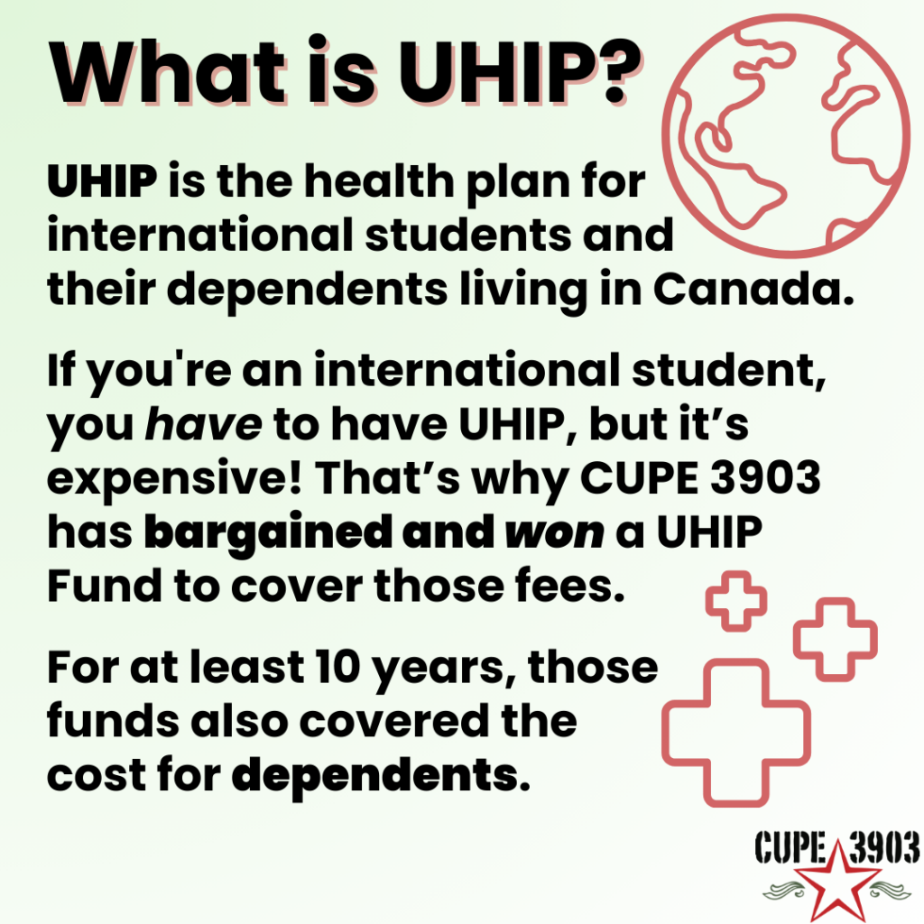 A green gradient graphic with the CUPE 3903 logo and images of the Earth and a healthcare crosses. The graphic’s text reads: What is UHIP? UHIP is the health plan for international students and their dependents living in Canada. If you're an international student, you have to have UHIP, but it’s expensive! That’s why CUPE 3903 has bargained and won a UHIP Fund to cover those fees. For at least 10 years, those funds also covered the cost for dependents.