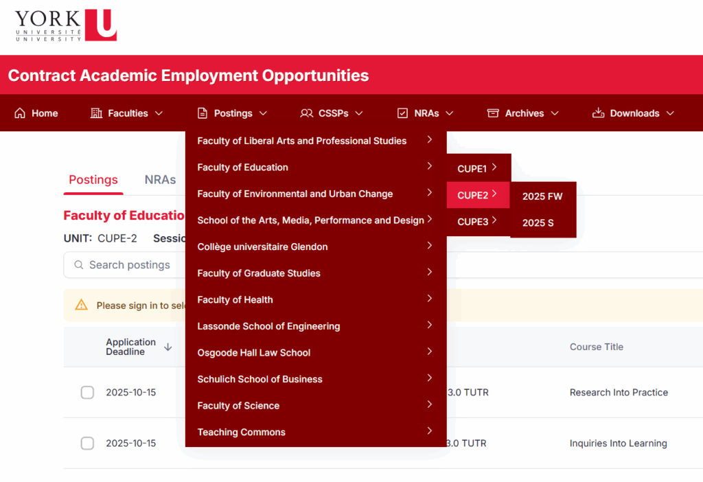 Screenshot of the CUPE jobs site showing that clicking on 'postings' in the menu will open a lit of faculties, which each tab to a list of units, which then tabs to the term to which you want to apply. 