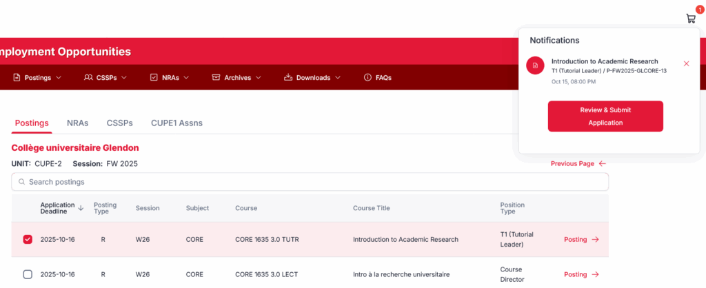 Screenshot that shows that if you click on a checkbox next to a posting, it will add it to your job basket and you will get a notification. 