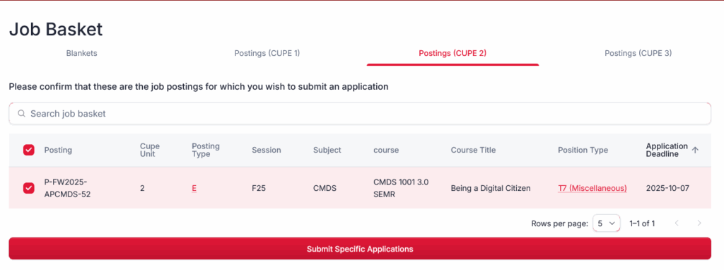 A screenshot of the job basket showing the selected courses and the 'submit specific applications' button. 
