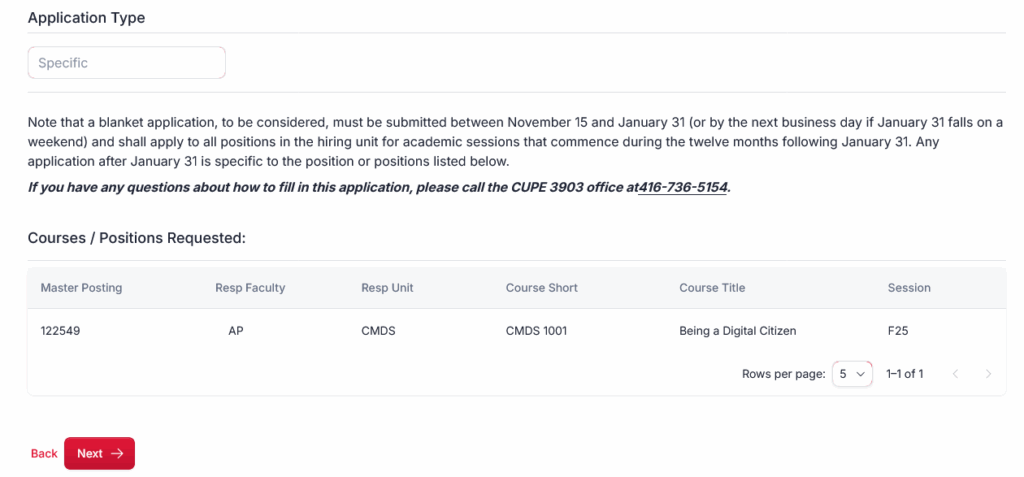 A screenshot of the CUPE jobs site showing a window that says application type and gives information about different types of applications. It also lists the courses requested, and there is a 'next' button.