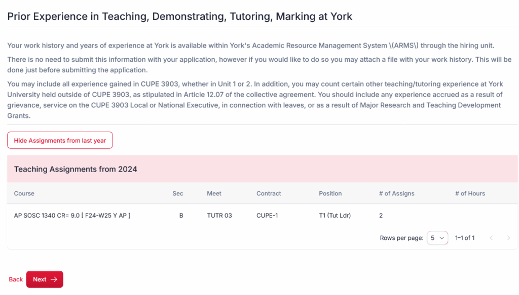 A screenshot from the CUPE jobs site showing that the system will log your assignments from the last year. 