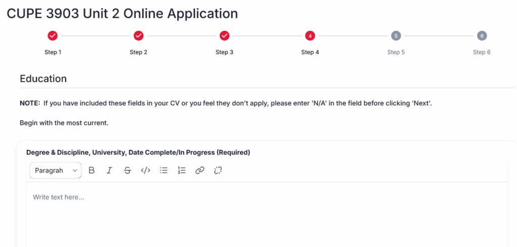 A screenshot from the CUPE jobs site showing step 4, where you can enter your education information.