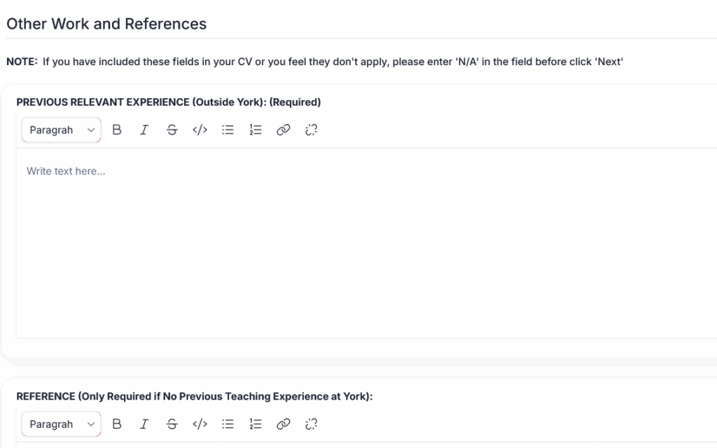 A screenshot from the CUPE jobs site showing that you can enter other work and references to your application if you choose to. 