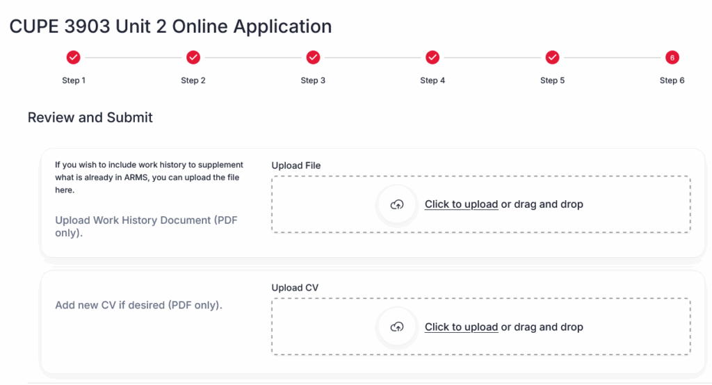 A screenshot from the CUPE jobs site showing the 'review and submit' window which you will see if you scroll up, where you can upload your work history and updated CV is you so choose. 