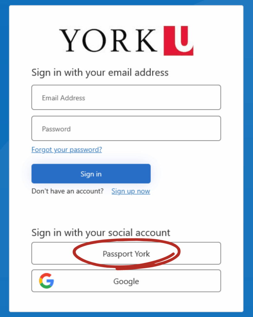 Different log in options, with a red circle around the Passport York option, which is under text that says: sign in with your social account.