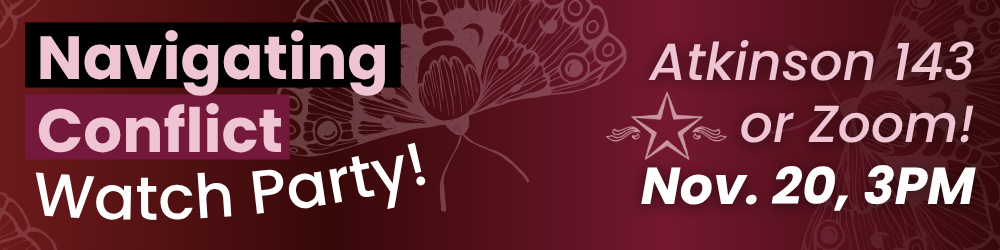 A dark red graphic with moth imagery and the CUPE 3903 logo star and flourishes. The text reads: Navigating Conflict Watch Party! Atkinson 143 or Zoom! Nov. 20, 3PM.