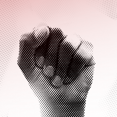 A duotoned image of a raised left fist, with an overlaid pale red gradient.