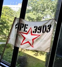 An image of a CUPE 3903 flag in the window of the 143 Atkinson union office. It is backlit by a bright sunny day, with greenery visible out the window.